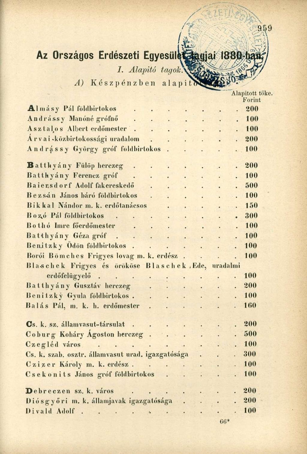 Az Országos Erdészeti Egyesül 1. Alapitó tagok*. A) Készpénzben alapit Almásy Pál földbirtokos Andrássy Maiióné grófnő Asztalos Albert erdőmesler.