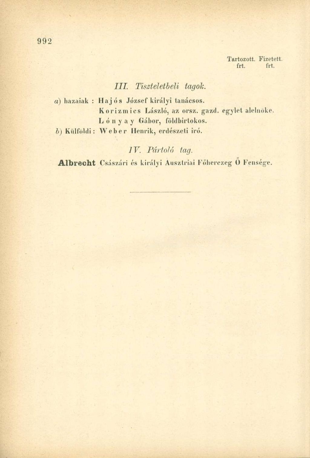 Tartozott. Fizetett, frt. frt. III. Tiszteletbeli tagok. a) hazaiak : Hajós József királyi tanácsos. Korizmics László, az orsz. gazd. egylet alelnöke.