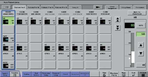 Könnyű riasztás beállítások 8 alapparaméter riasztási beállításai egy képernyőn Multi paciens riasztási határok képernyő A képernyő segítségével