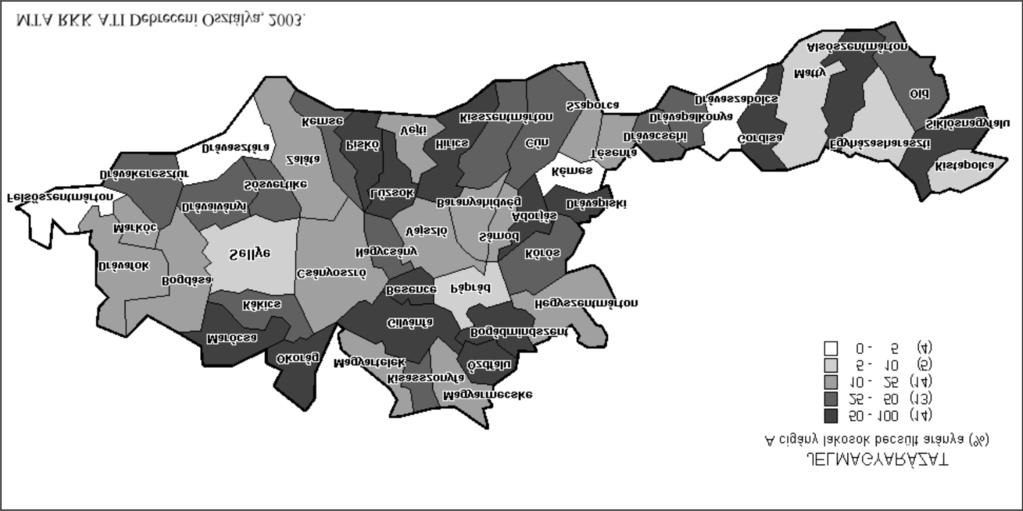 8. ábra A roma népesség jelenléte a dél-baranyai vizsgálati területen 2003-ban (becsült adatok) Számottevõ eltérésként jelentkezik az észak-magyarországi, illetve a dél-magyarországi térség között,