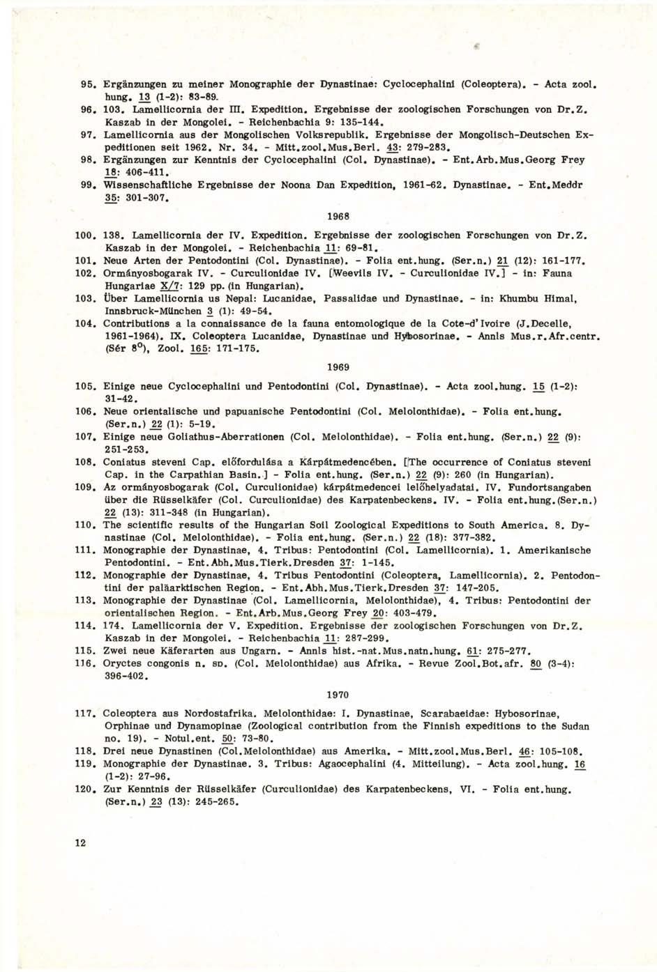 95. Ergänzungen zu meiner Monographie der Dynastinae: Cyclocephalini (Coleoptera). - Acta zool. hung. 13 (1-2): 83-89. 96. 103. Lamellicornia der III. Expedition.