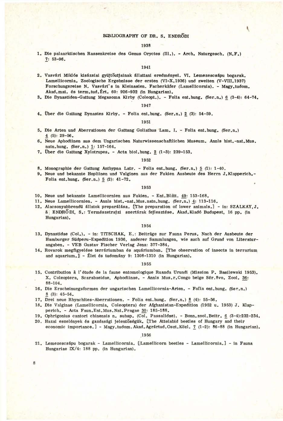 BIBLIOGRAPHY OF DR. S. ENDRŐDI 1. Die palaarktischen Rassenkreise des Genus Oryctes (III.). - Arch. Naturgesch. (N.F.) 7: 53-96. 1938 1941 2.