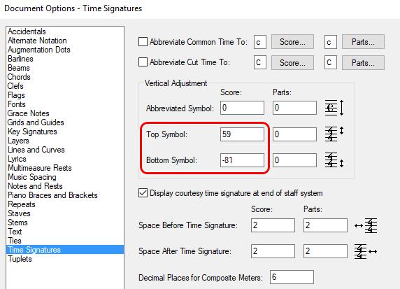 Document menü > Document Options > Fonts > Notation > Time (Score) Document menü > Document Options > Time Signatures A Set Font gomb megnyomását követően elénk táruló Font dialógusablakból válasszuk