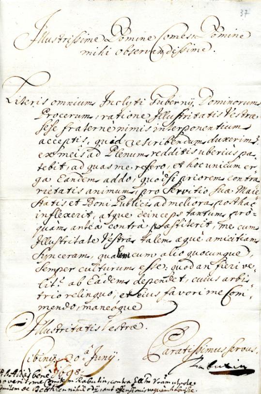 Scrisoare de Rabutin către Nicolae Bethlen, 30 iunie 1698, Sibiu. Semnătura este autografă. (Ms.