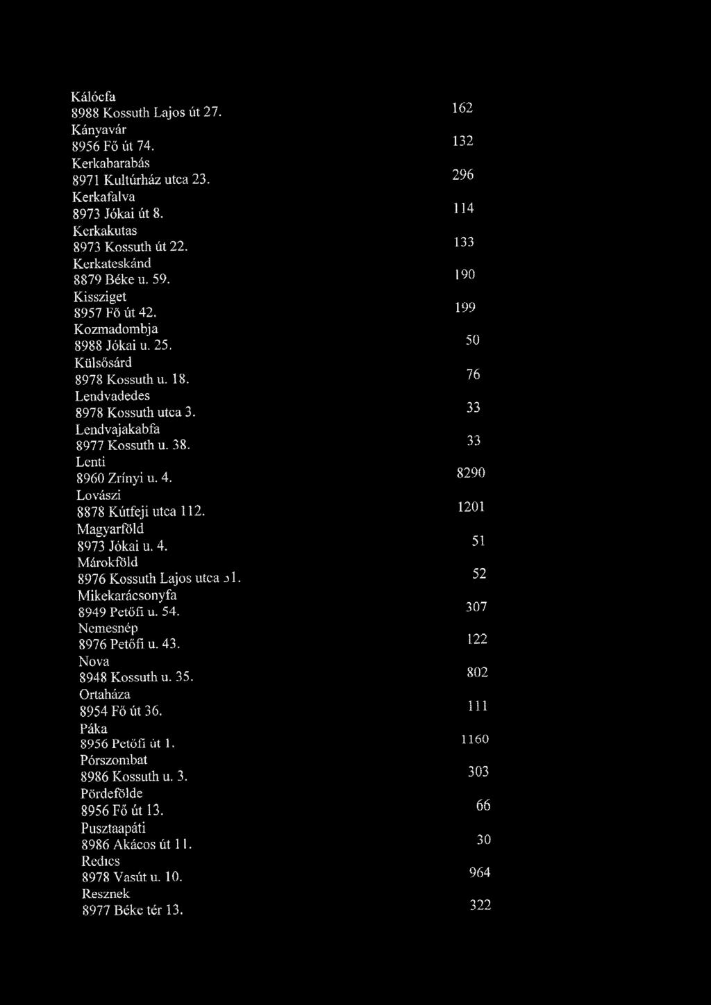 Kálócfa 8988 Kossuth Lajos üt 27. 162 Kányavár 8956 Fő út 74. 132 Kerkabarabás 8971 Kultúrház utca 23. 296 Kerkafalva 8973 Jókai út 8. 114 Kerkakutas 8973 Kossuth út 22. 133 Kerkateskánd 8879 Béke u.