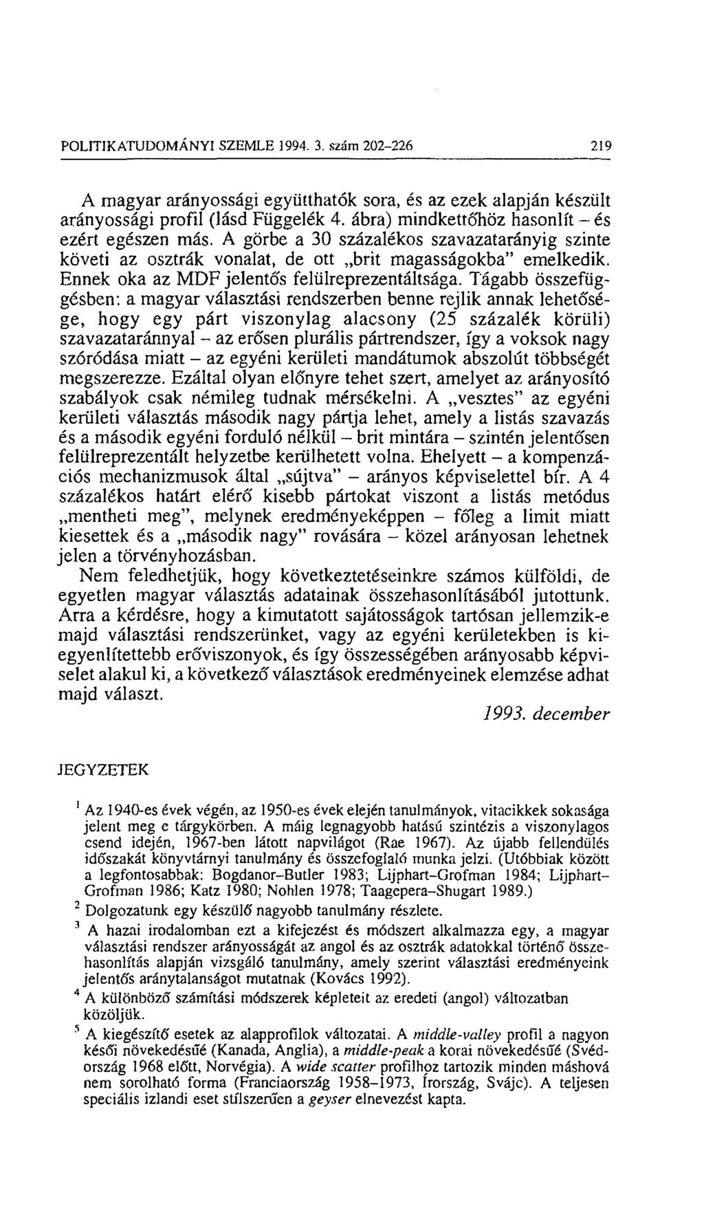 POLITIKATUDOMÁNYI SZEMLE 1994. 3. szám 202-226 219 A magyar arányossági együtthatók sora, és az ezek alapján készült arányossági profil (lásd Függelék 4.