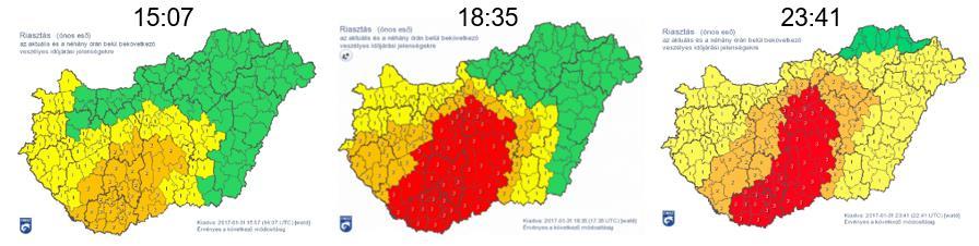 nyugati részén volt érvényben egyes és kettes fokozatú riasztás, majd a későbbiekben megjelentek olyan területek, amelyekre hármas fokozatú riasztás lépett életbe és a riasztási terület is egyre