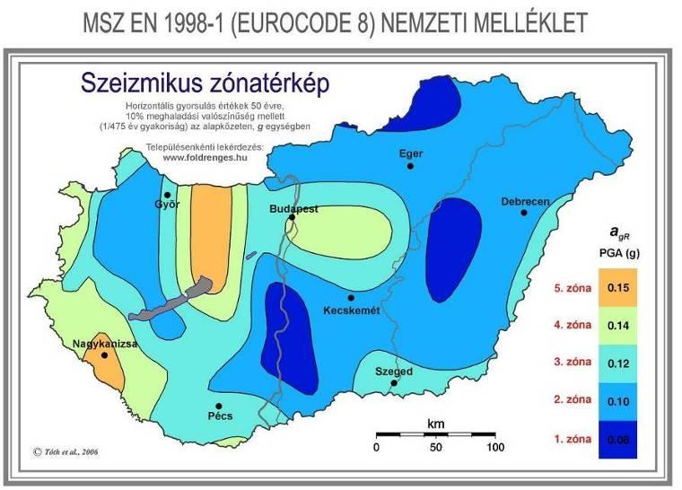 .3.5 Földrengés teher A tervezés alapja az MSZ EN 1998-1:008 mely szerint a következő értékekkel számolunk: Magyarország szeizmikus zónatérképe