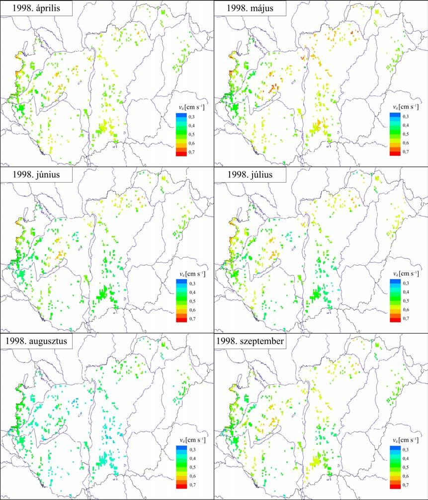 14. ábra: Az ózon átlagos ülepedési sebessége tűlevelű erdőre 1998.