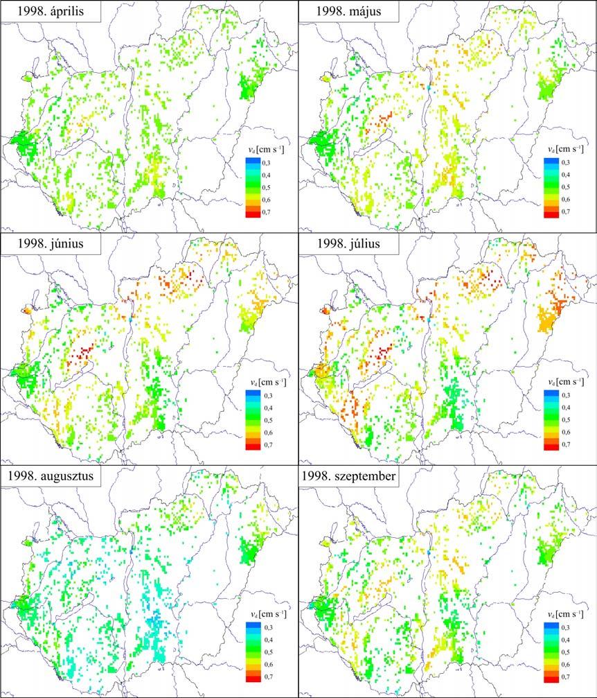 15. ábra: Az ózon átlagos ülepedési sebessége elegyes erdőre 1998. április, május, június, július, augusztus, szeptember, 12 UTC-s átlag.