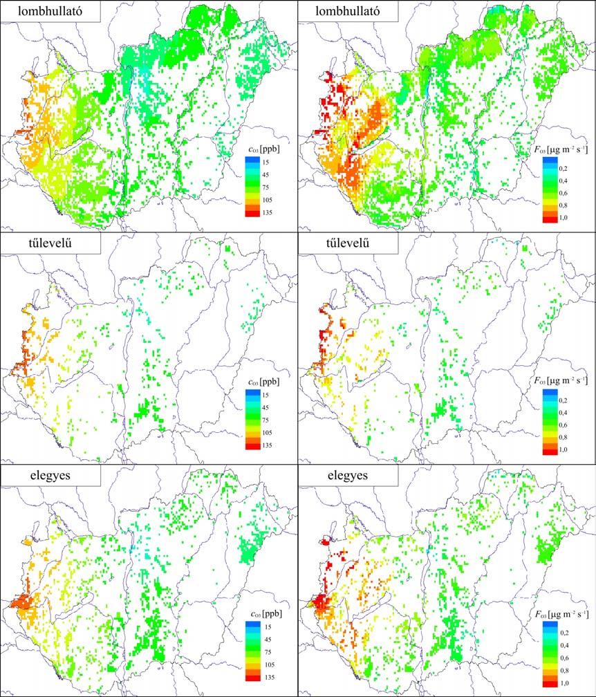 19. ábra: Az ózon átlagos koncentrációja és fluxusa lombhullató, tűlevelű és elegyes erdőkre, 1998 július, 12 UTC-s átlag.