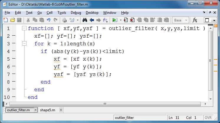 A feladatunk megoldása ezt használva: >> l = l_orig; F = F_orig; >> Z = shape5(f); plot(l,f-z) % kirajzoltatjuk a simított és az eredeti sorozat eltérését Ha a mért adatsor és a simított adatsor