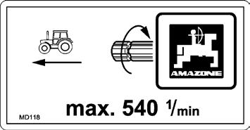 Általános biztonsági utasítások MD 118 Ez a piktogram jelzi a gépoldali hajtótengely maximális