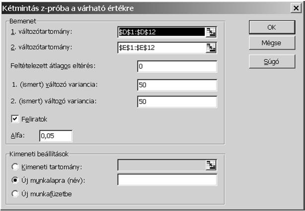 =11 σ 1 =50 Ft σ 2 =50 Ft Excel kétmintás z-próba Eszközök, Adatelemzés