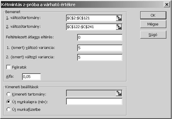 Excel kétmintás z-próba Excel kétmintás z-próba Eszközök, Adatelemzés Excel kétmintás z-próba eredménye Kétmintás t-teszt (szórás azonos) Kétmintás t-teszt