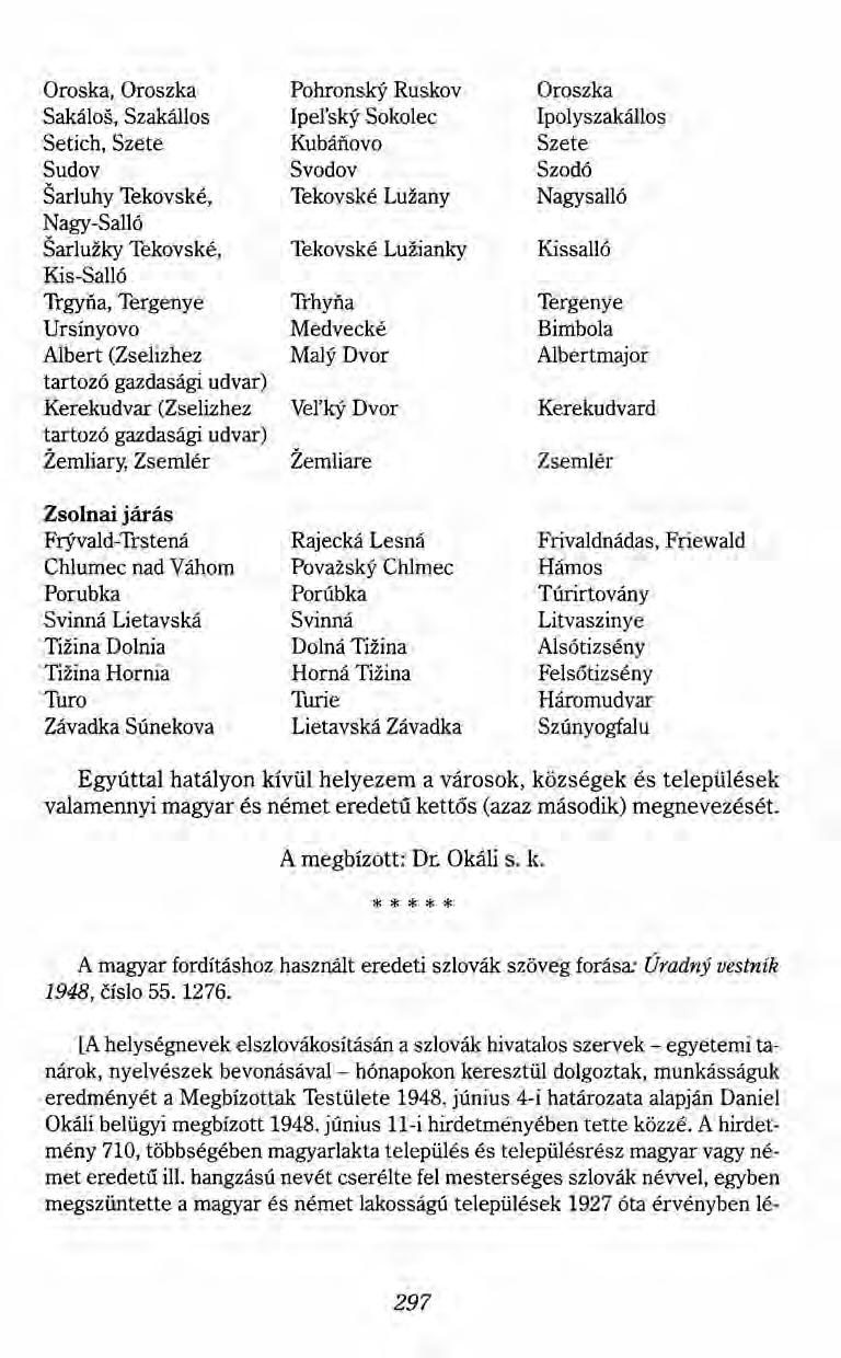 Oroska, Oroszka PohronskyRuskov Oroszka Sakálos, Szakállos Ipel'sky Sokolec Ipolyszakállos Setich, Szete Kubáiíovo Szete Sudov Svodov Szodó Sarluhy Tekovské, Tekovské Luzany Nagysalló Nagy-Salló