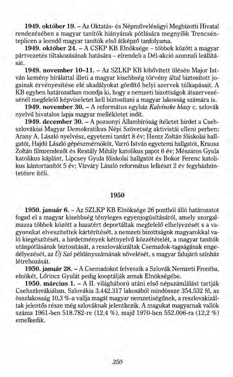 1949. október 19. - Az Oktatás- és Népművelésügyi Megbízotti Hivatal rendezésében a magyar tanítók hiányának pótlására megnyílik Trencsénteplicen a leendő magyar tanítók első átképző tanfolyama. 1949.