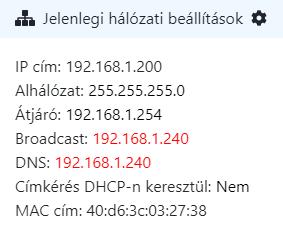 Az IP cím az Összefoglaló -> Jelenlegi hálózati beállítások ablakban kivételt képez, mert ott mindig az aktuális IP cím szerepel, akár statikusan adjuk meg az IP-t, akár DHCP-től kérjük le.