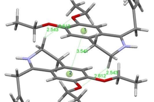 a. b. 37. ábra: a: A drotaverin molekula izokinolin részlete pirossal. b: a szimmetriacentrum által generált drotaverin molekulák között lévő vizsgált kölcsönhatások. 4.550 4.450 4.350 4.250 4.150 4.