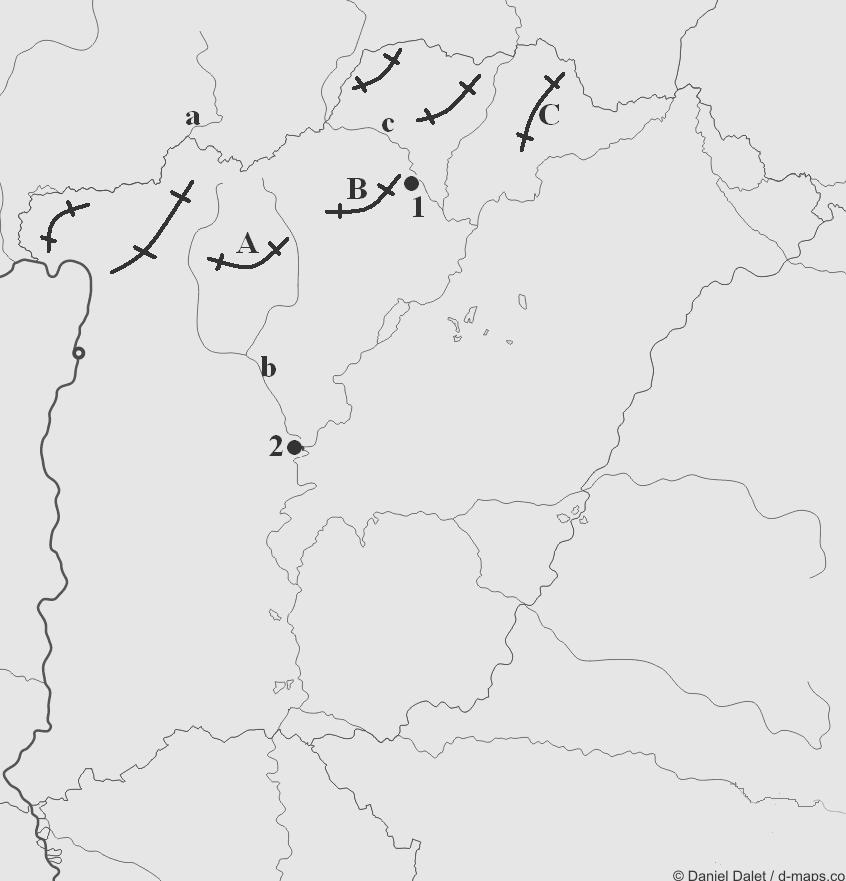 3 Esaminate la carta geografica schematica e risolvete i relativi compiti! a) Indicate le montagne segnate con le maiuscole sulla carta geografica schematica! A.. B.. C.