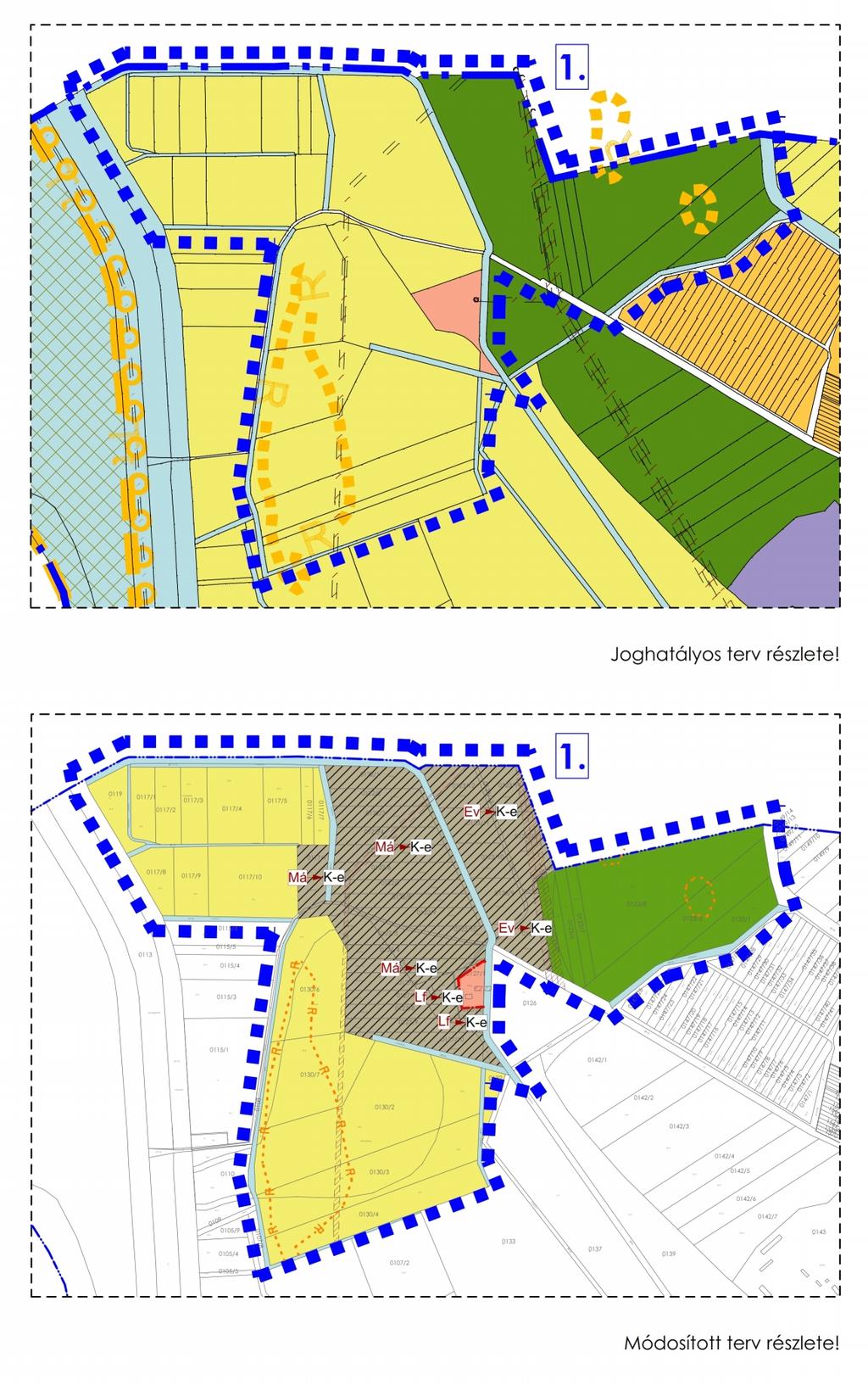 Módosításra kijelölt területek 1. Külterületen, a közigazgatási határvonal a 117/12 hrsz-ú csatorna a 125 számú út, valamint a 129 és a 116 hrsz-ú csatornák által közrezárt terület.