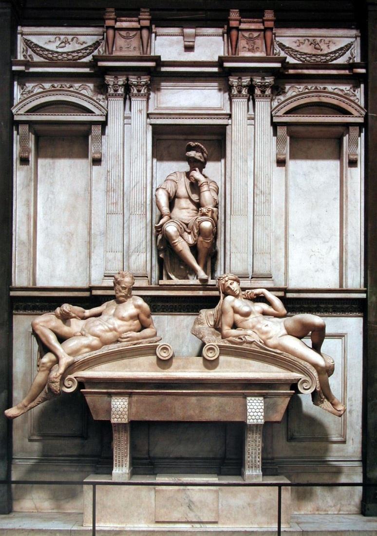 Michelangelo: Lorenzo Medici síremléke 1521-34, Firenze, San Lorenzo, Medici kápolna Medici síremlékek (Giuliano és Lorenzo az egymással szemközti falon) L.