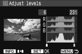 [Adjust levels/beállítási szintek] Amikor a [Manual/Kézi] menü van kiválasztva, módosíthatja a hisztogram eloszlását, és beállíthatja a kép fényességét és kontrasztját.