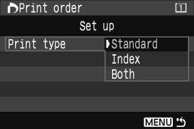 W Digital Print Order Format (DPOF) Adja meg a nyomtatási típust, a dátumnyomtatást és a fájlszám nyomtatását.