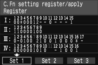 Fn setting register/apply / C.Fn beállítások megadása/alkalmazása] lehetőséget, majd nyomja meg a <0> gombot. Válassza ki a [Register/ Regisztrálás] parancsot.