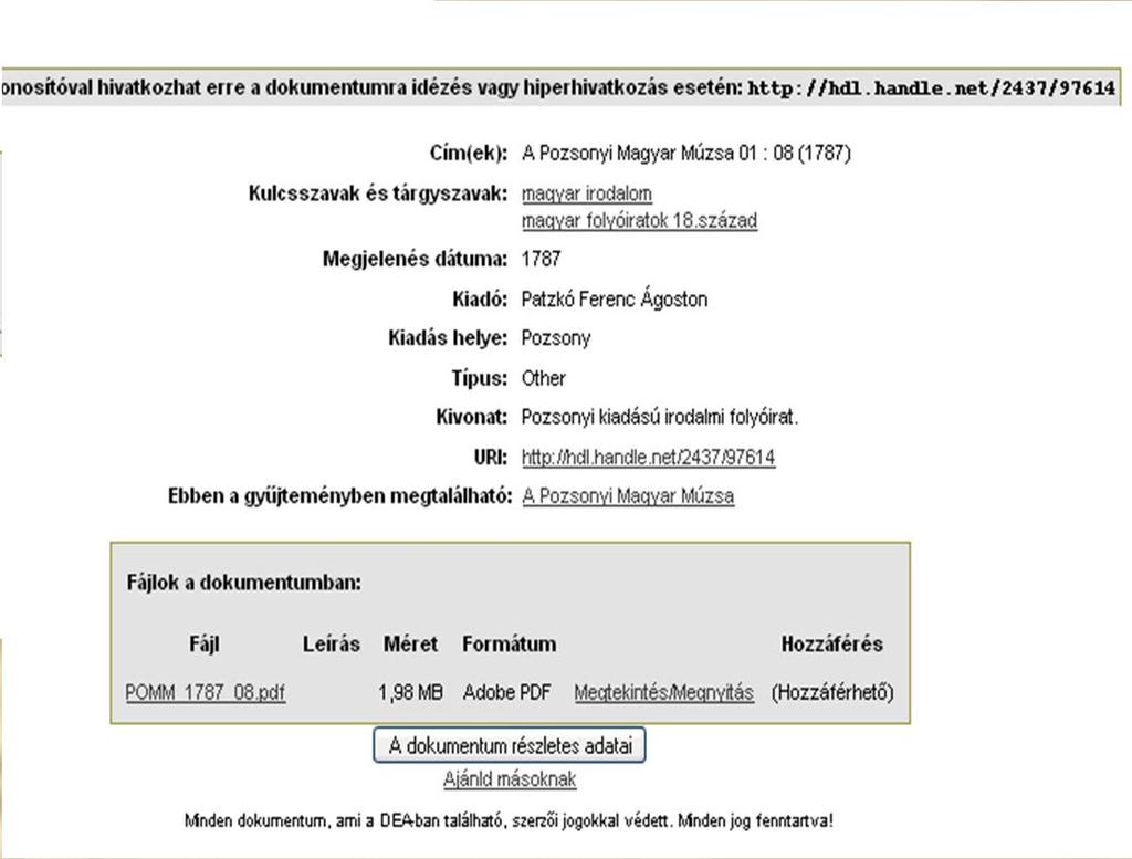 Metaadatok a DEA-ban Füzetek címe számozási adatokkal: Nem következetes a dokumentumon Formalizált