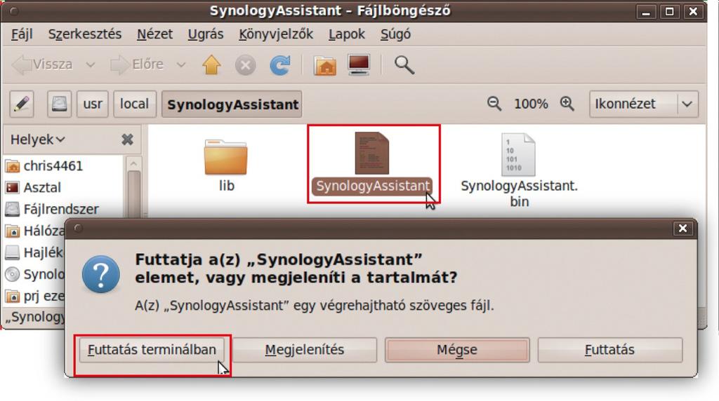 A telepítéshez írja be a következő parancsot a Terminálba: sudo apt-get install ia32-libs 5 Menjen a /usr/local/synologyassistant (vagy [előbb megadott útvonal]/synologyassistant) helyre, kattintson