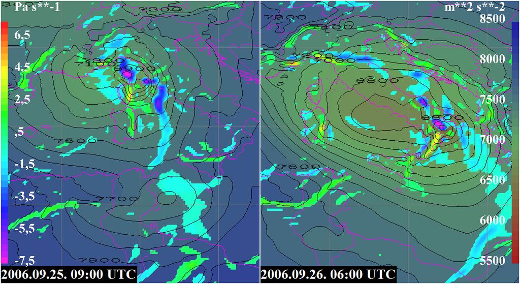 9. ábra - 925 hpa-os geopotenciál (m 2 /s 2, jobb oldali színskála és fekete vonalak), valamint 850 hpa-os vertikális sebesség (Pa/s, a bal oldali színskálának megfelelő színes területek a -0,5 és