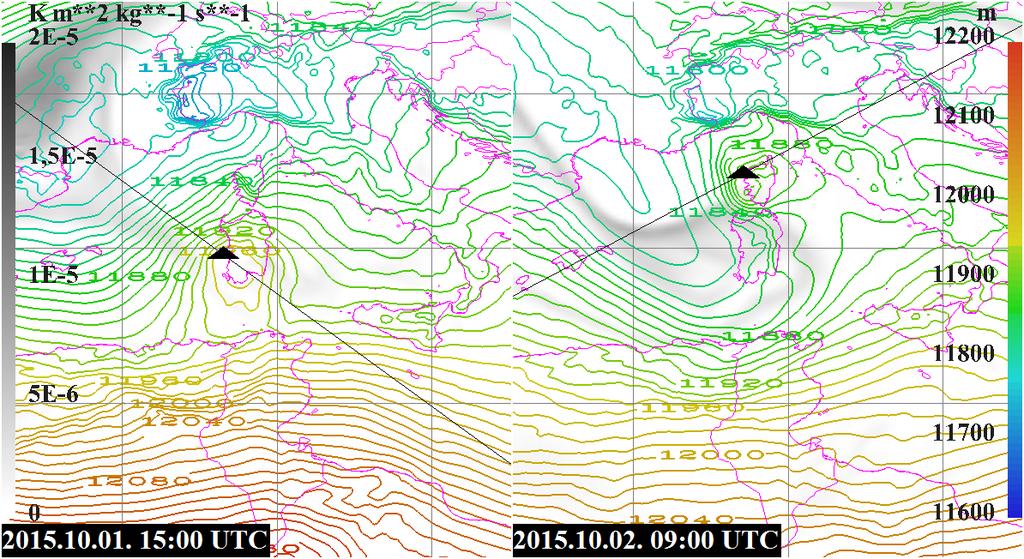 50. ábra - 200-1000 hpa-os rétegvastagság (m, színes vonalak), valamint 300 hpa-os potenciális örvényesség (Km 2 /kgs, szürke árnyalatok) a Tünde ciklon környezetében a jelzett időpontokban A