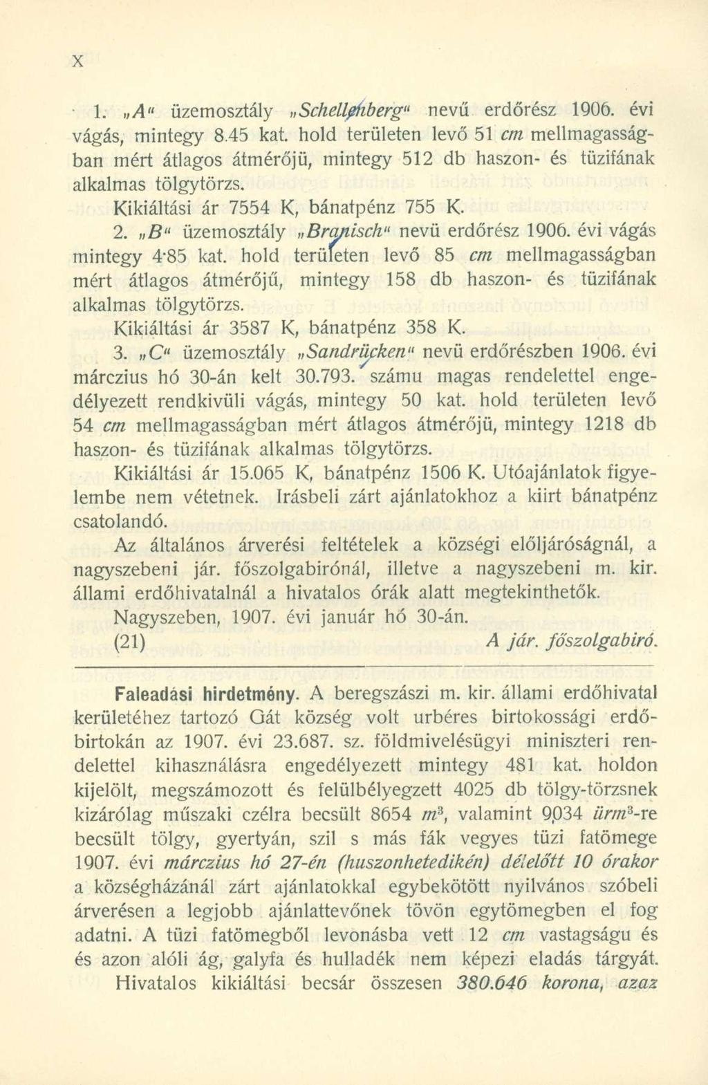 1. A" üzemosztály Schellphberg" nevű erdőrész 1906. évi vágás, mintegy 8.45 kat.