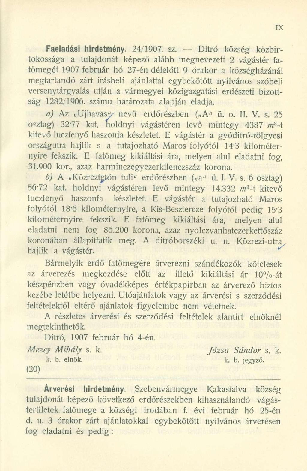 Faeladási hirdetmény. 24/1907. sz.