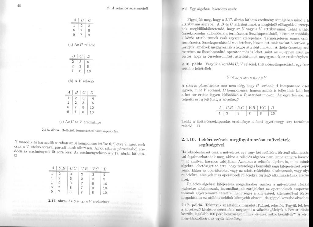 48 Tmf 2 3 678 978 (a) Az U reláció 3 4 Tm[ 235 7 8 10 (b) A V reláció 1 2 3 4 1 2 3 5 6 7 8 10 9 7 8 10 2. A relációs adatmodell 2.4. Egy algebrai lekérdezo nyelv Figyeljük meg, hogya 2.17.