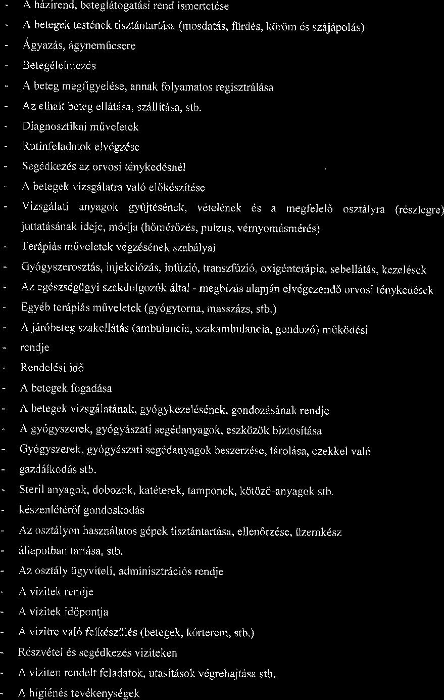 - A hdzirend, betegl6togat6si rend ismeftetdse - A betegek testdnek tiszthntartisa (mosdat6s, ftirdds, kcircjm ds sz6j6pol6s) - Agyazits, iigynemricsere - Bete96le lmezds - A beteg rnegfigyeldse,