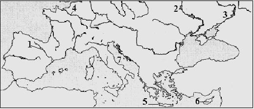 2 Esaminate la carta geografica schematica e risolvete i relativi compiti! a) Indicate i concetti topografici segnati sullo schema con i numeri! 1 (fiume). 2 (fiume). 3 (fiume). 4 (fiume). 5 (isola).