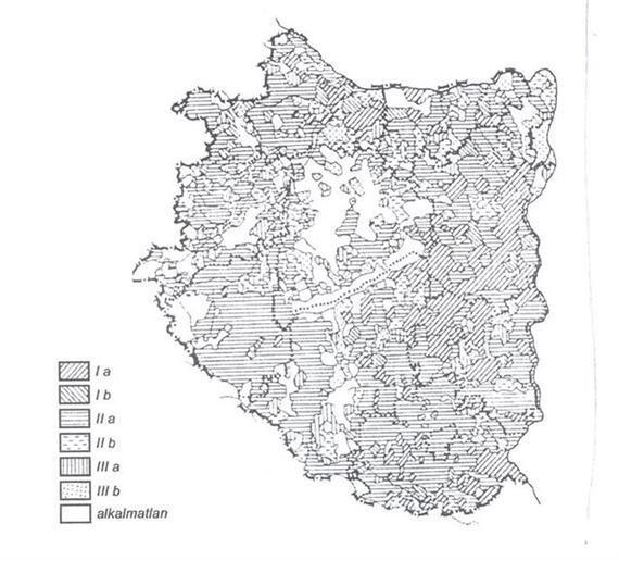 104. ábra A búzatermesztés termőhelyi kategóriái a Dunántúlon (Géczy, 1968 nyomán) A jelenleg alkalmazott földértékelési rendszer tulajdonképpen az aranykorona rendszert volt hivatott felváltani.