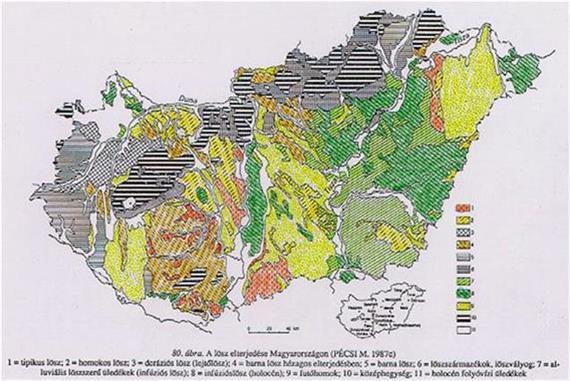 ábra A lösz elterjedése Magyarországon (Pécsi, 1973) A 27. és 28. ábra két fontos felszínközeli kőzet előfordulásáról mutat be egy-egy felvételt.