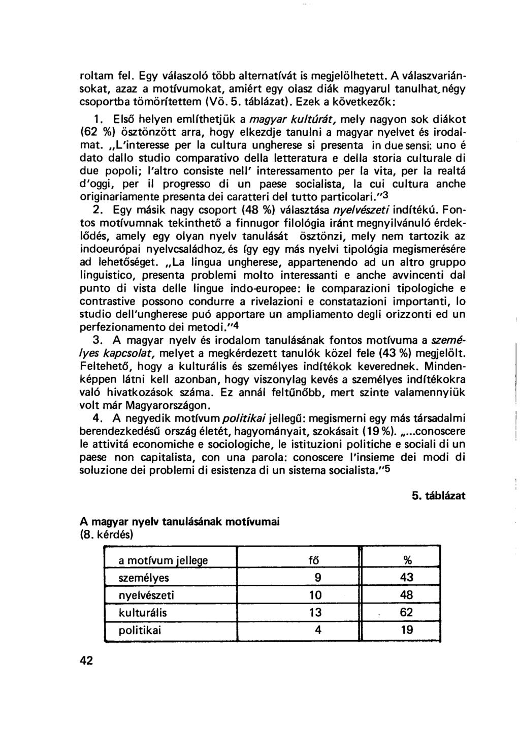 roltam fel. Egy válaszoló több alternatívát is megjelölhetett. A válaszvariánsokat, azaz a motívumokat, amiért egy olasz diák magyarul tanulhat,négy csoportba tömörítettem (Vö. 5. táblázat).