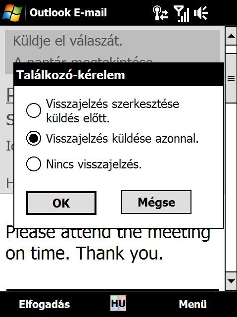 Megjelenik a kötelező és a nem kötelező résztvevők listája. Ikonok jelzik, hogy a résztvevő elfogadta vagy elutasította-e az összehívást.