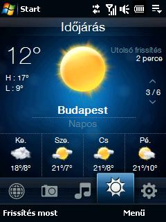 TouchFLO 75 Az időjárási információk megtekintése A készülék automatikusan csatlakozik az Internetre a 3G/GPRS/EDGE adatcsatlakozás vagy Wi-Fi segítségével, hogy letölthesse és megjeleníthesse az