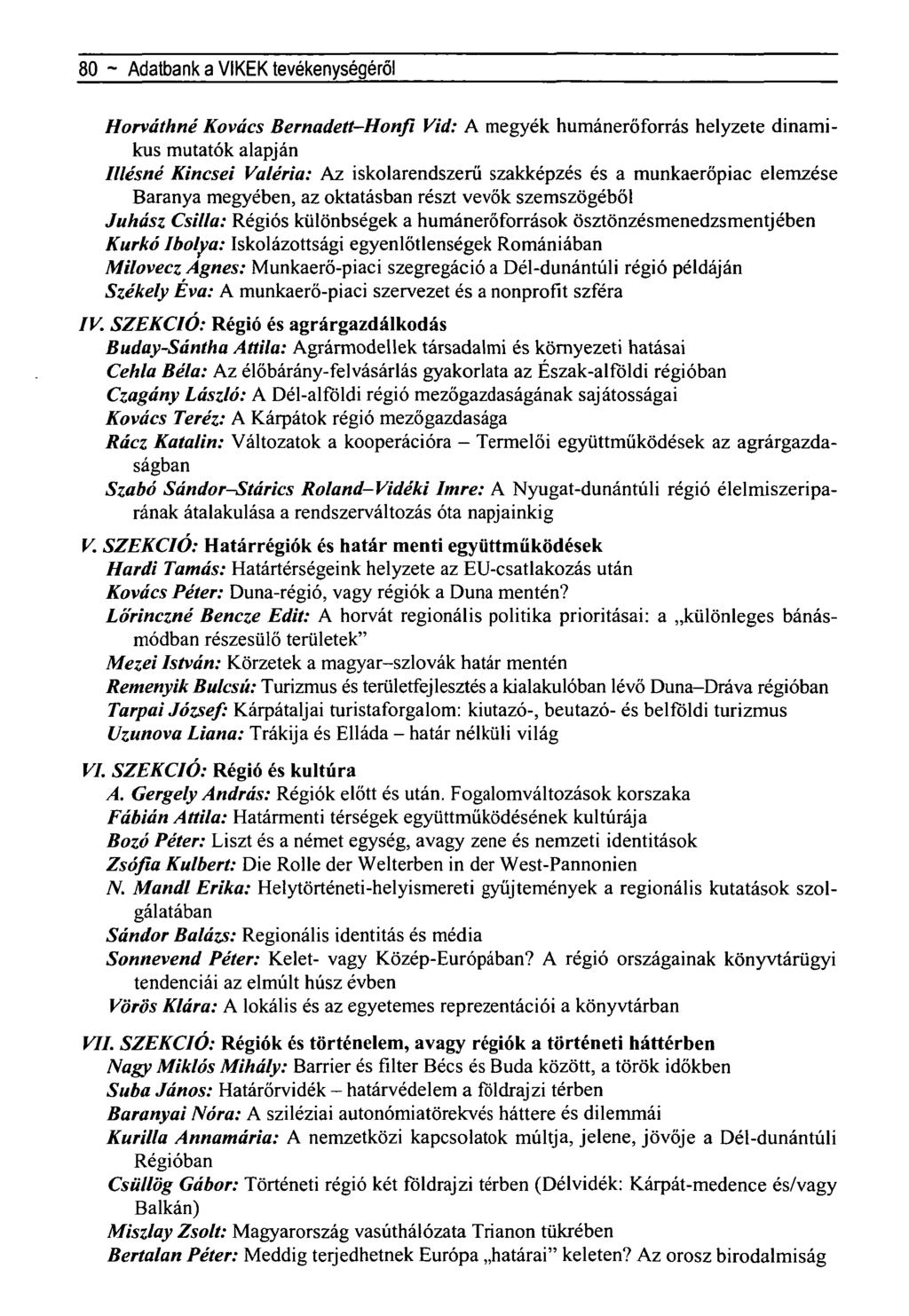 80 ~ Adatbank a VIKEK tevékenységéről Horváthné Kovács Bernadett-Honfi Vid: A megyék humánerőforrás helyzete dinamikus mutatók alapján Illésné Kincsei Valéria: Az iskolarendszerű szakképzés és a