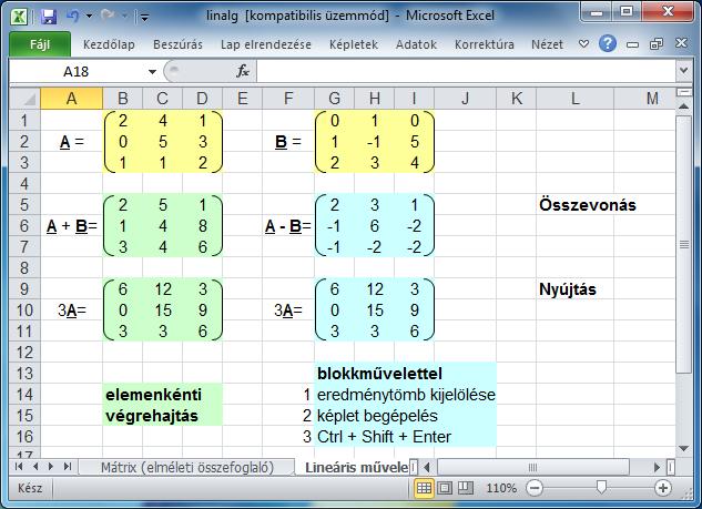 Egyszerű (lineáris) műveletek Megvalósításuk Excelben kézenfekvő Összeadás, kivonás (+, ) Konstanssal történő szorzás (*) Lineáris
