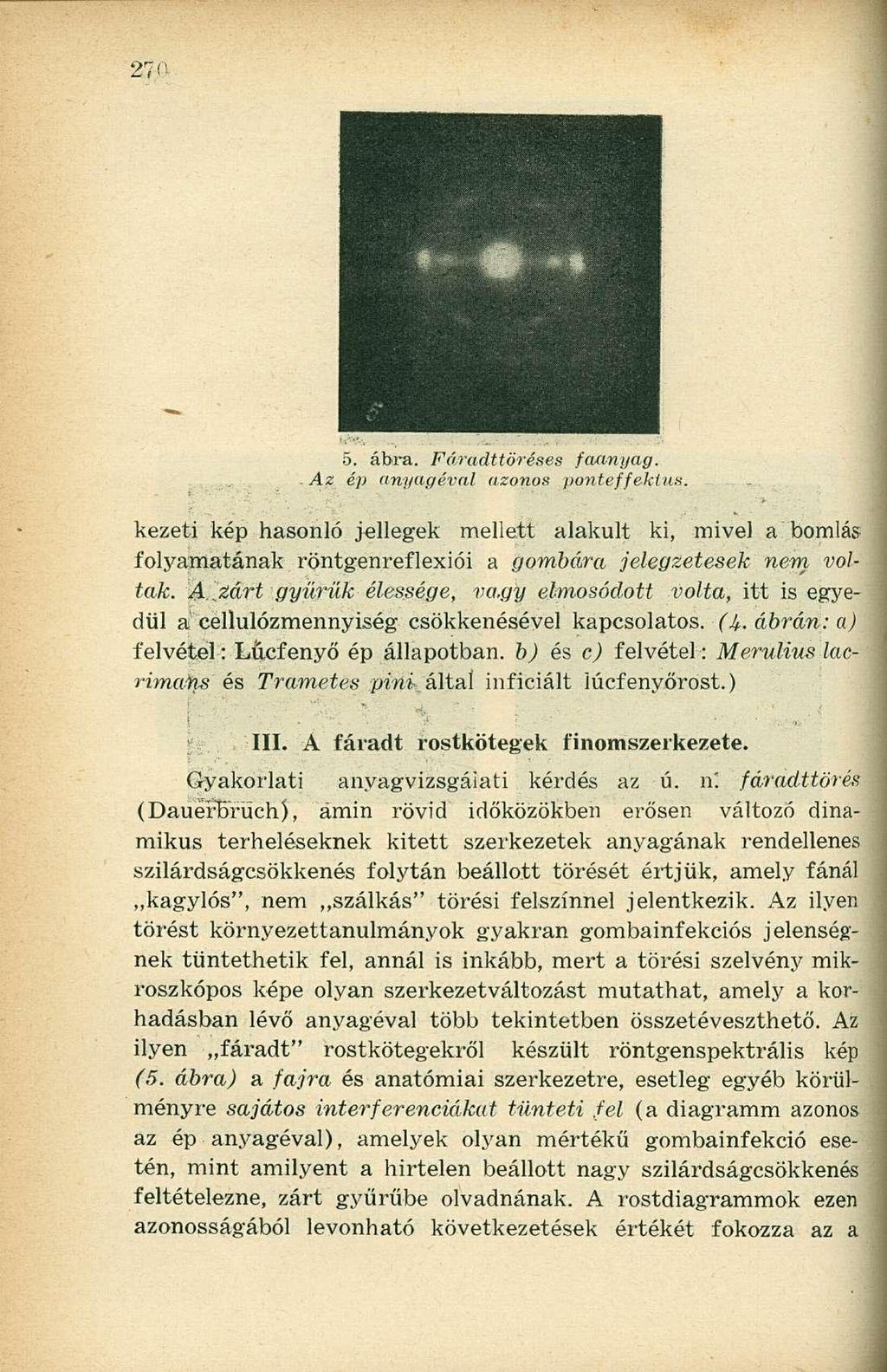 5. ábra. Fáradttöréses faanyag. Az ép anyagéval azonos ponteffektus. kezeti kép hasonló joliegek mellett alakult ki, mivel a bomlás folyamatának röntgenreflexiói a gombára jelegzetesek nem voltak. &.