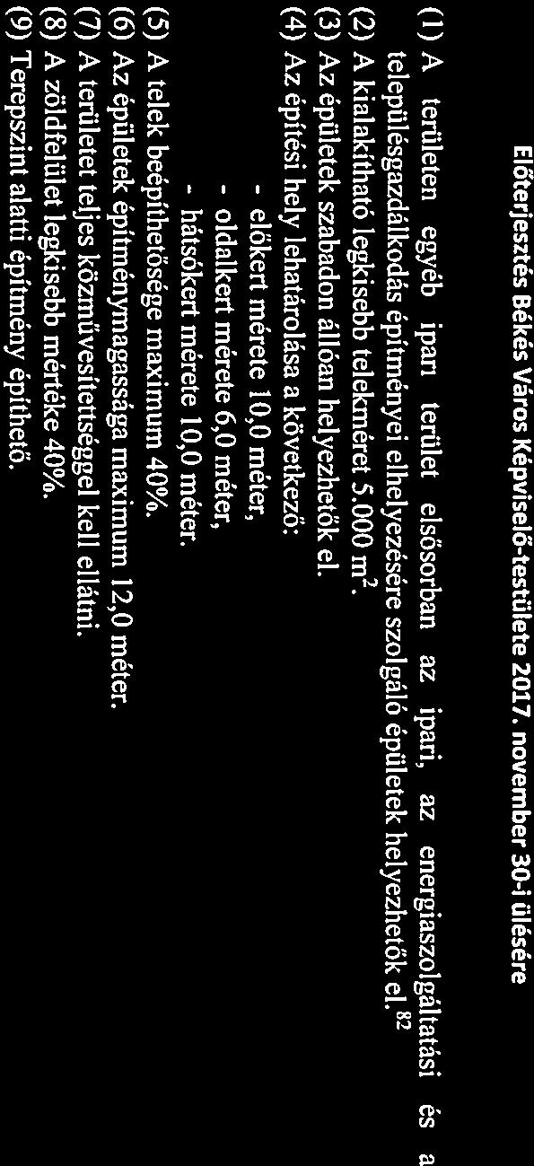 (5) A telek beépíthetősége mximum 40%. (6) Az épületek építménymgsság mximum 12,0 méter. (7) A területet teljes közművesítettséggel kell ellátni. (8) A zöldfelület legkisebb mértéke 40%.