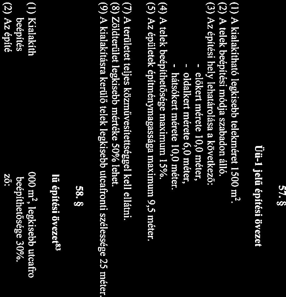 (5) Az épületek építménymgsság mximum 9,5 méter. (6) Az épületeket mgstetősre kell kilkítni. (7) A területet teljes közművesítettséggel kell ellátni. (8) Zöldterület legkisebb mértéke 50% lehet.