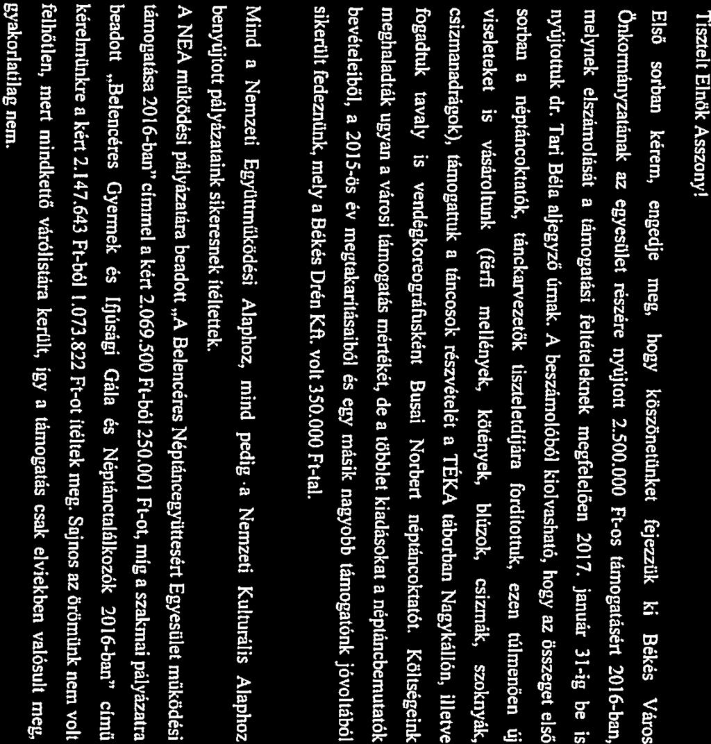 5630 Bekés, Petofi u. 21. adószám: 18337055-1-04 q tképt4 4% C L. 2. Békés Város önkormányzata Oktatási, Kulturális és Sport Bizottság Ocákné Domonkos Julianna elnök részére Békés Petöfi u. 2. 5630 Tárgy: beszámoló az egyesület 201 6-basi végzett tevékenységéről Tisztelt Elnök Asszony!