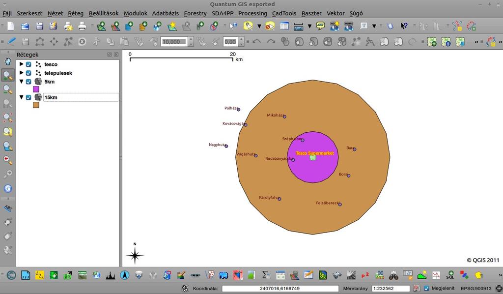 4. ábra. 5 km-es puffer zóna. 5. ábra. Az 5- és a 15 km-es puffer a településekkel. Értelemszerűen a TOC-ban a telepulesek és a tesco rétegeket mozgassuk (húzással) felülre.
